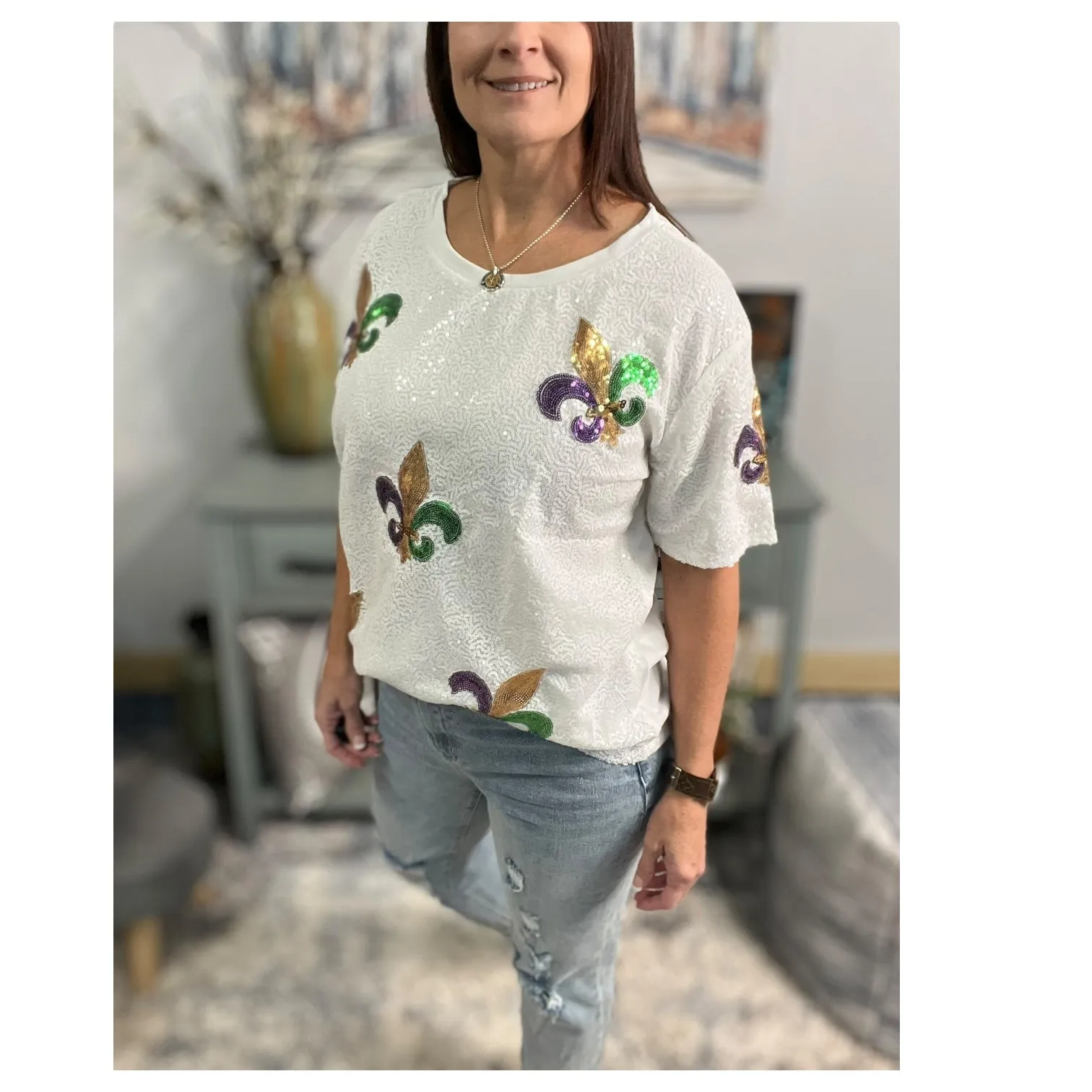 Mardi Gras Sequined Fleur de Lis Short Sleeves NOLA Parade Purple Green Gold White