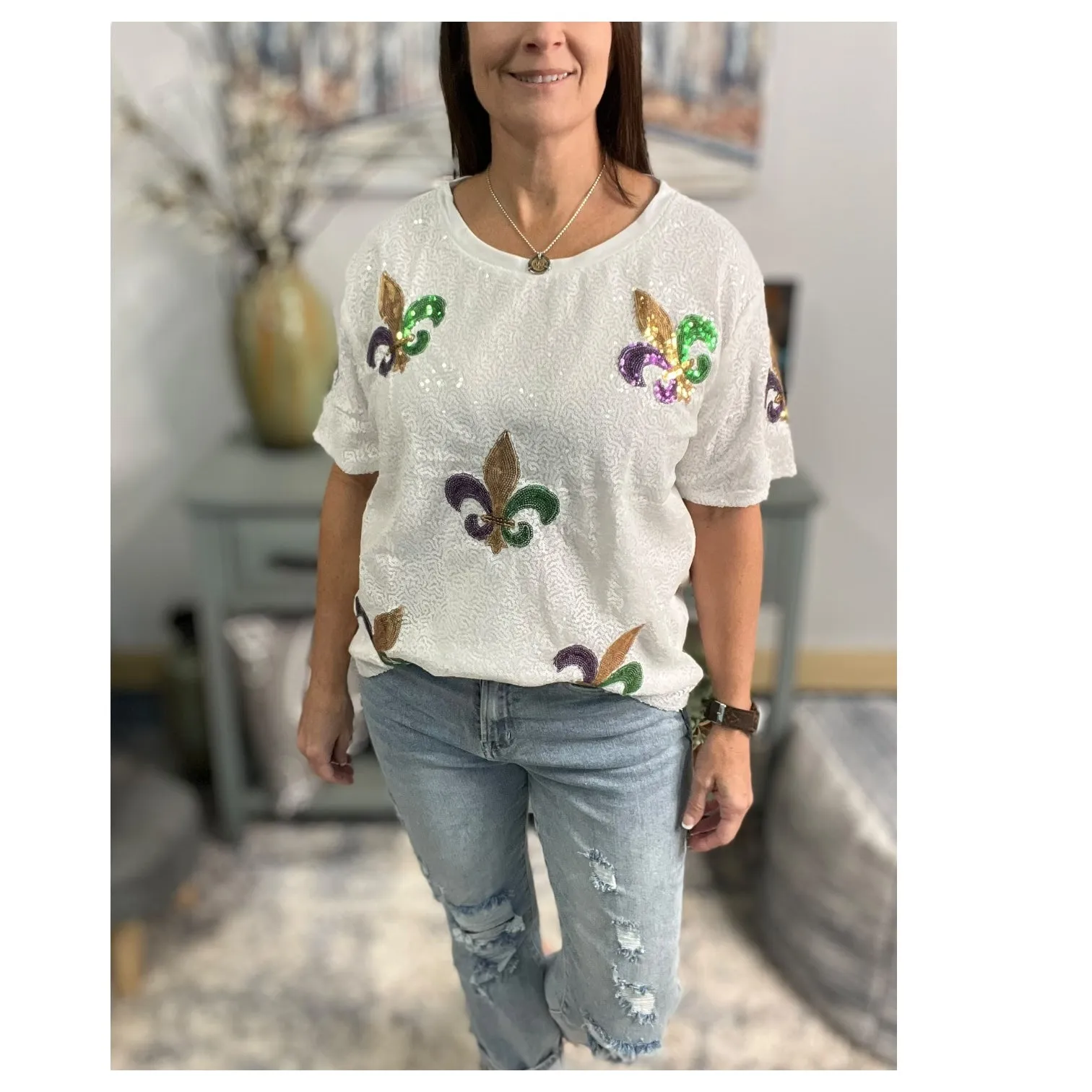 Mardi Gras Sequined Fleur de Lis Short Sleeves NOLA Parade Purple Green Gold White