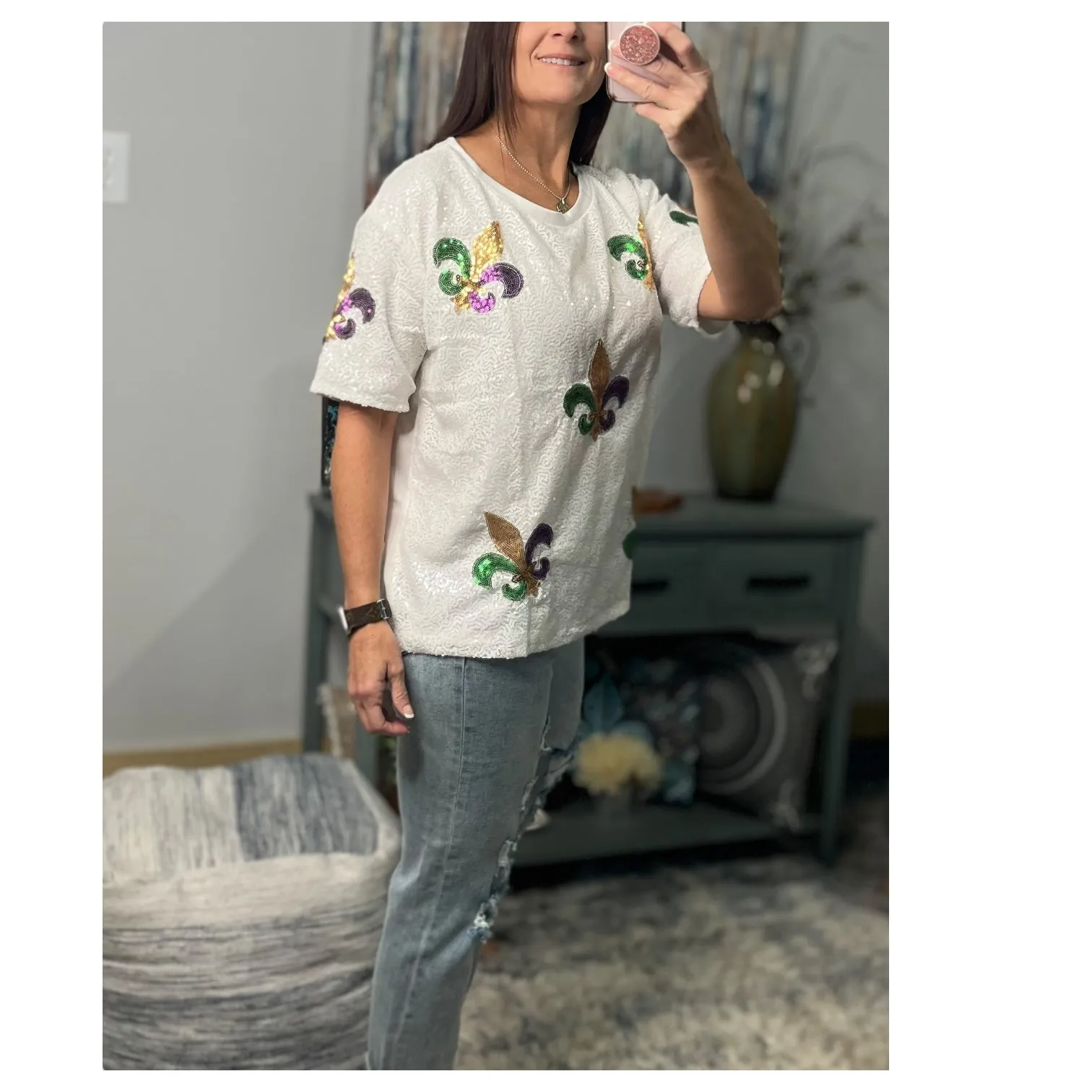 Mardi Gras Sequined Fleur de Lis Short Sleeves NOLA Parade Purple Green Gold White