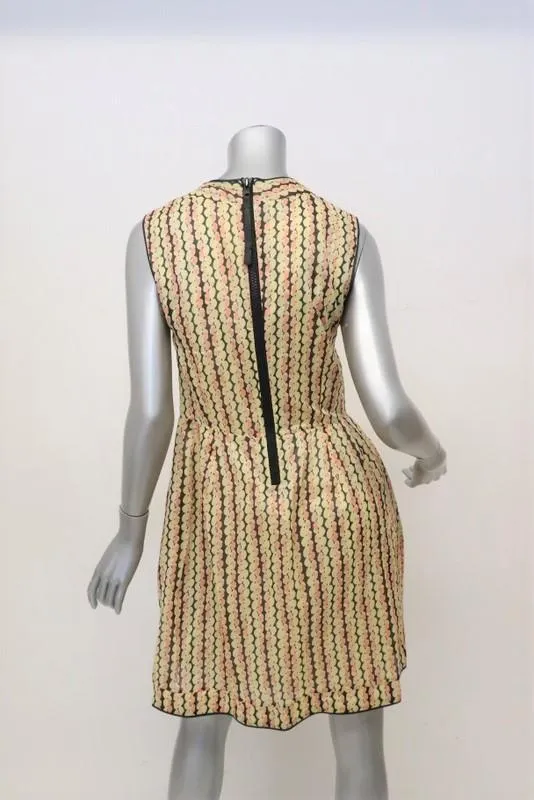 Marni Dress Light Yellow Printed Organza Size 40 Leather-Trim Sleeveless