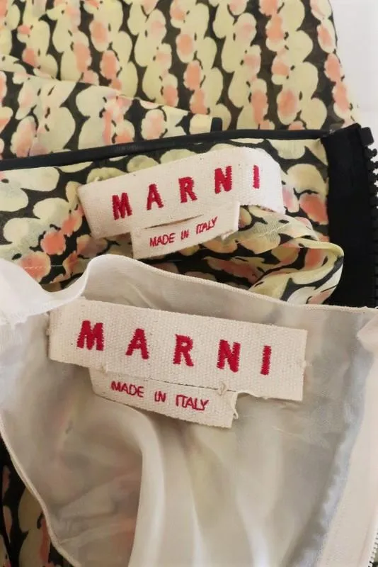 Marni Dress Light Yellow Printed Organza Size 40 Leather-Trim Sleeveless