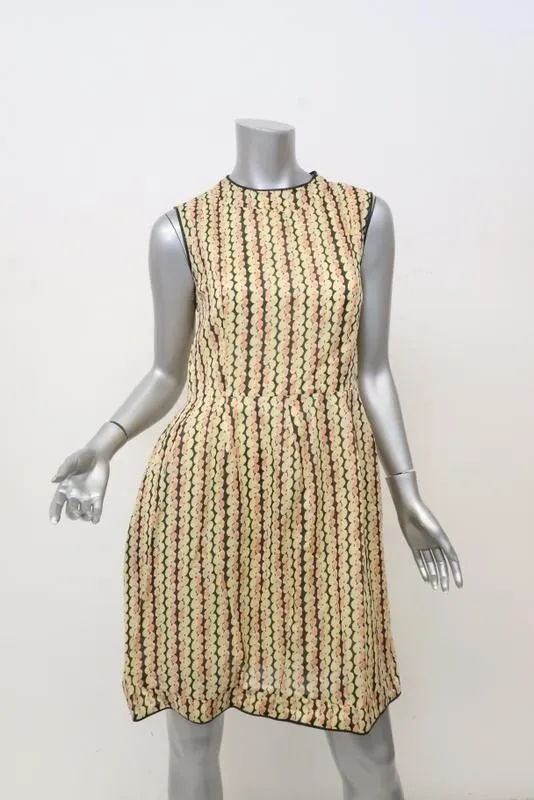 Marni Dress Light Yellow Printed Organza Size 40 Leather-Trim Sleeveless