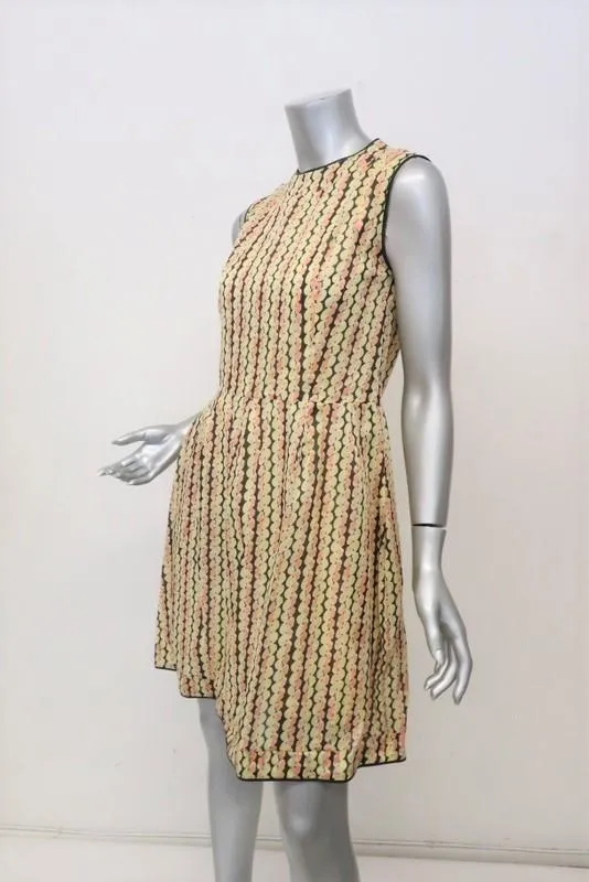 Marni Dress Light Yellow Printed Organza Size 40 Leather-Trim Sleeveless