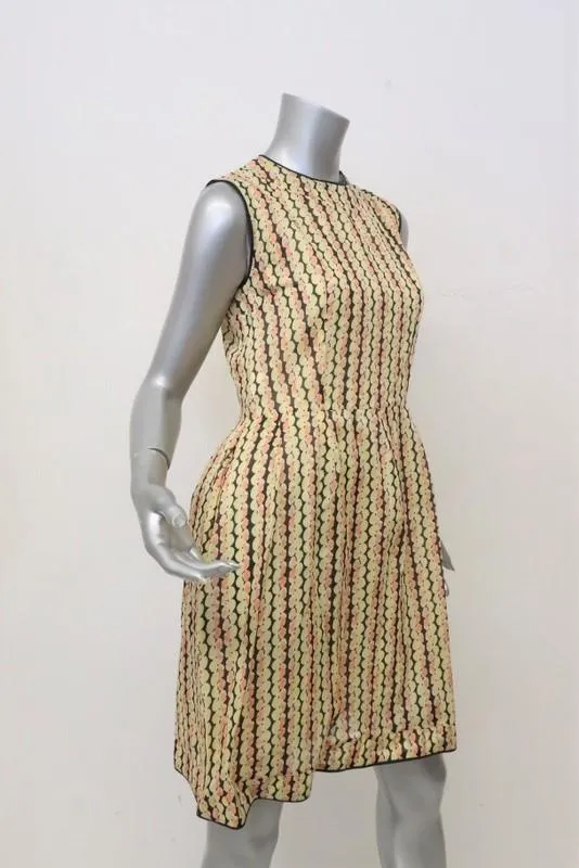 Marni Dress Light Yellow Printed Organza Size 40 Leather-Trim Sleeveless
