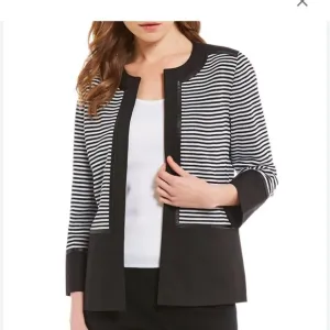 Ming Wang Faux Leather Trim Jacket, Womens, Small Black/White