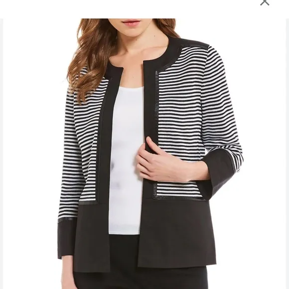 Ming Wang Faux Leather Trim Jacket, Womens, Small Black/White