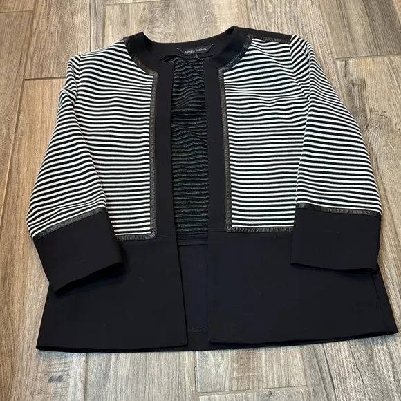 Ming Wang Faux Leather Trim Jacket, Womens, Small Black/White