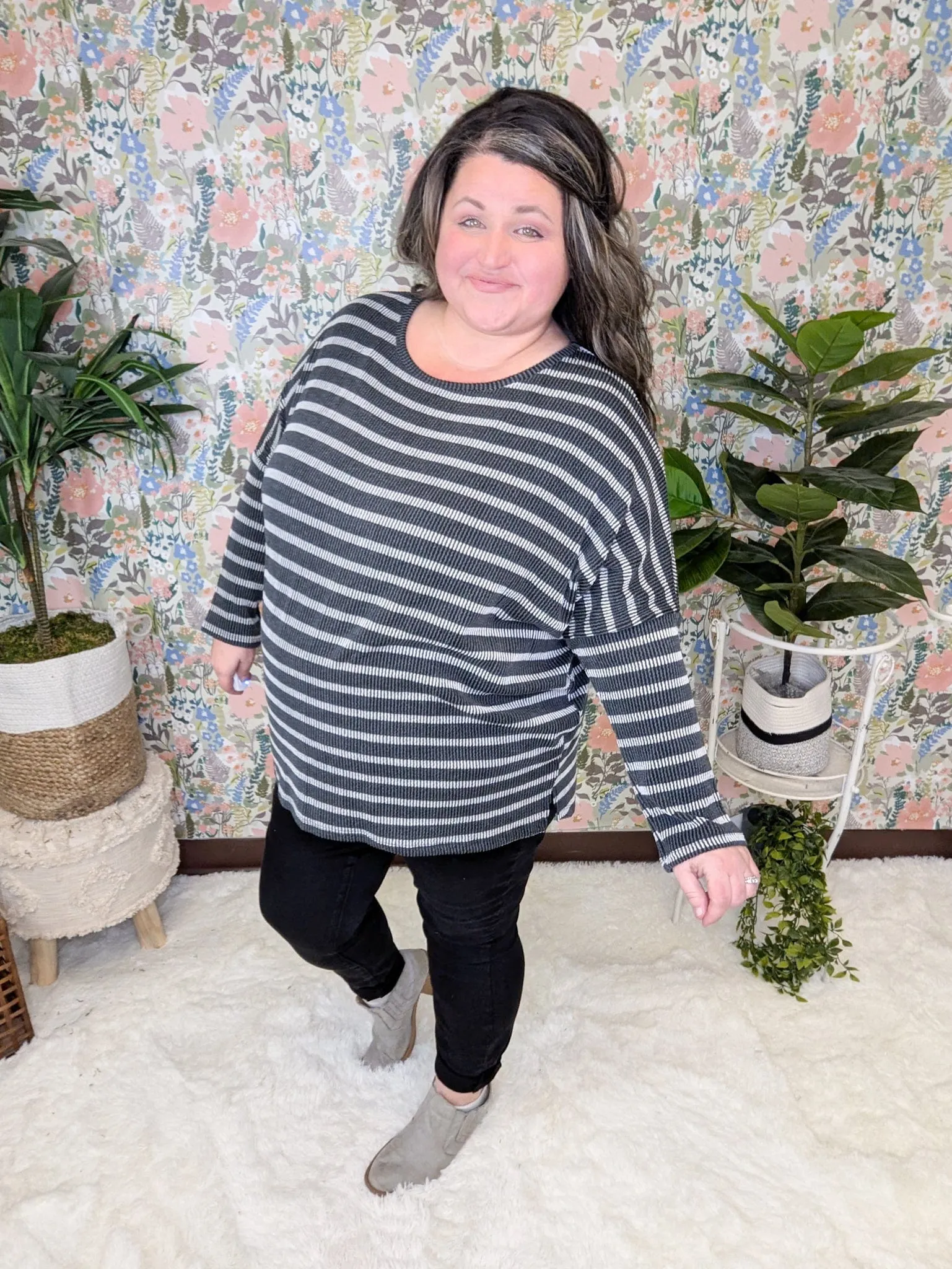Misty Raised Rib Dolman in Neutral Stripes
