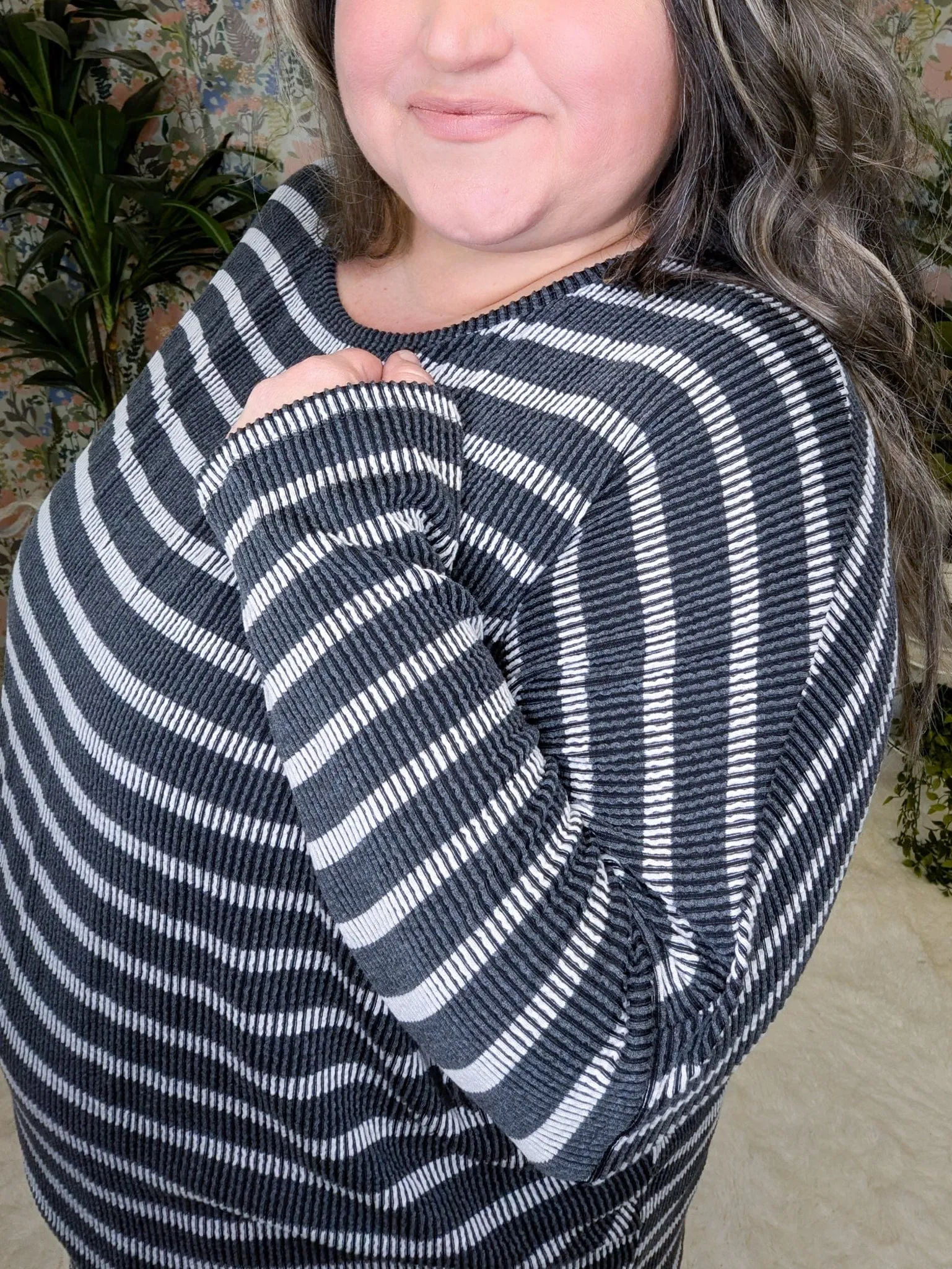 Misty Raised Rib Dolman in Neutral Stripes