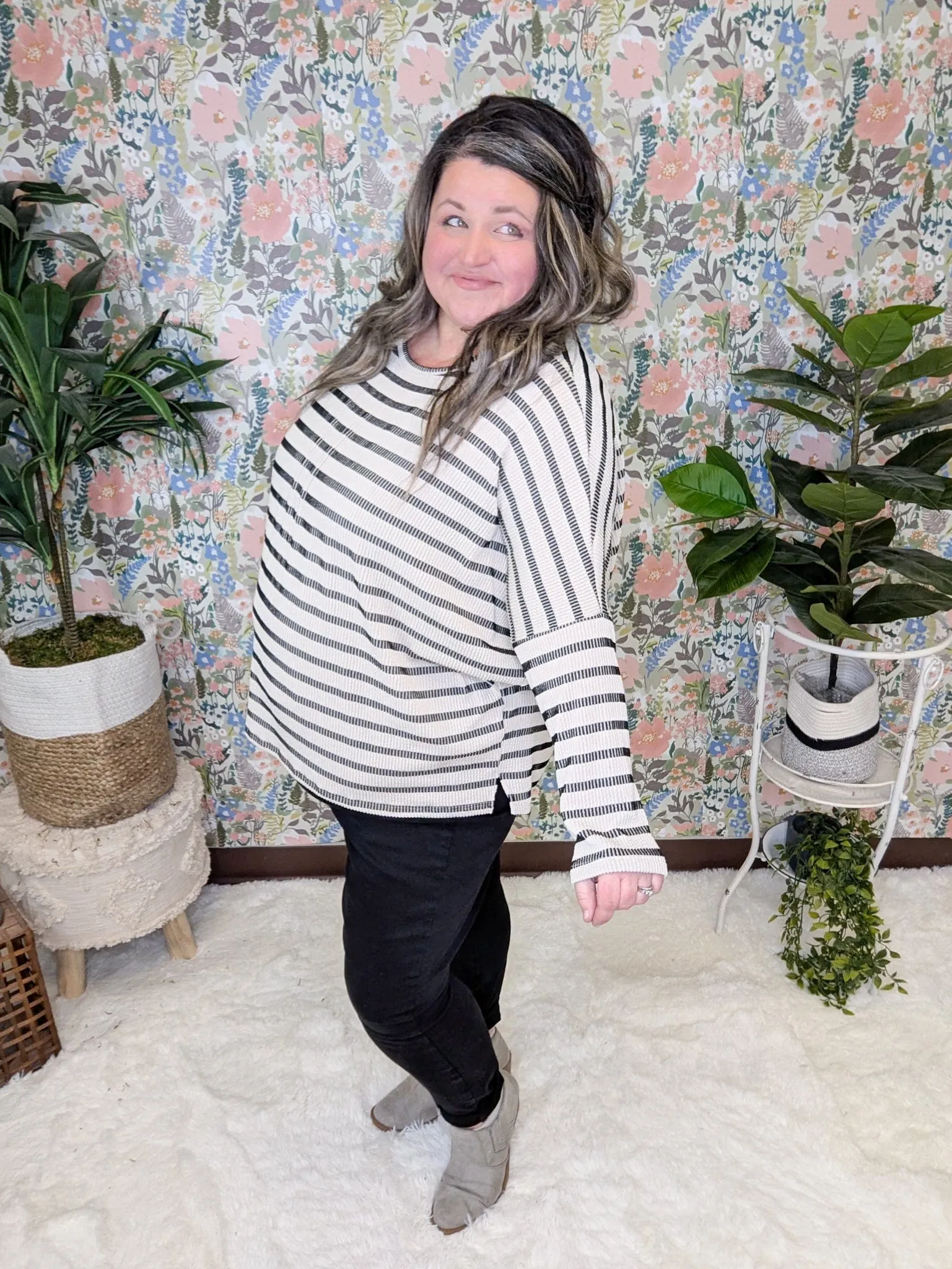 Misty Raised Rib Dolman in Neutral Stripes