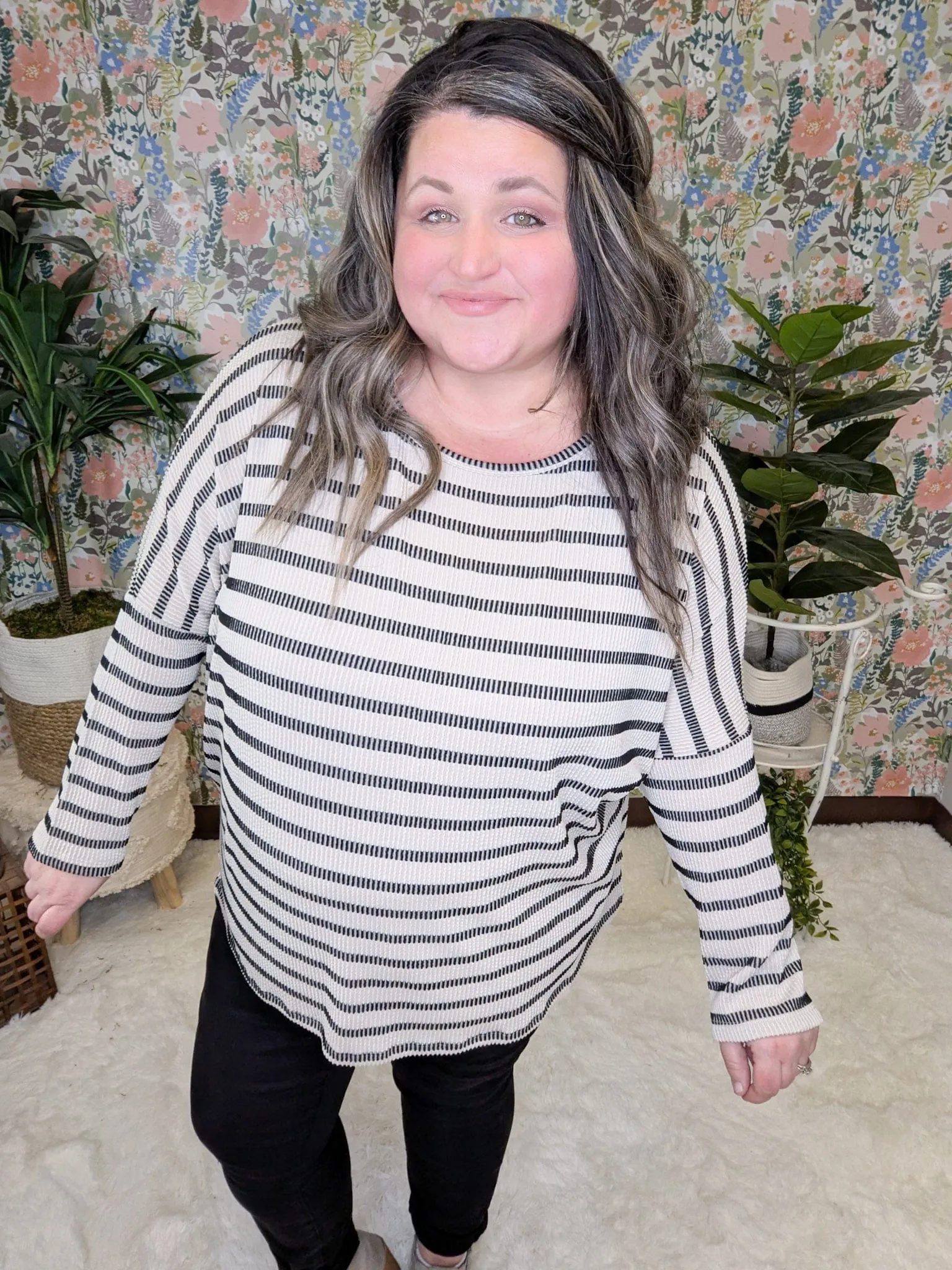 Misty Raised Rib Dolman in Neutral Stripes