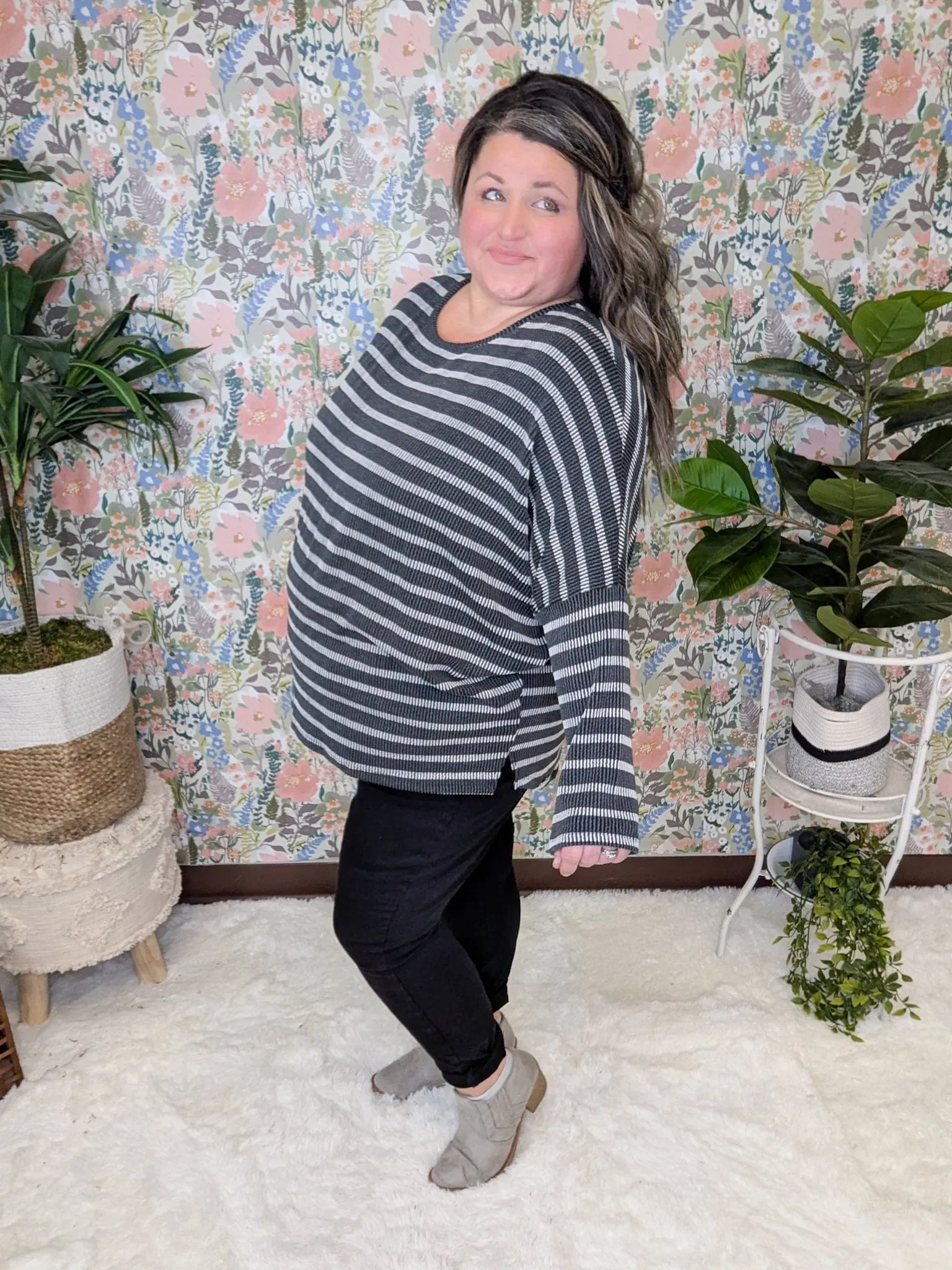 Misty Raised Rib Dolman in Neutral Stripes