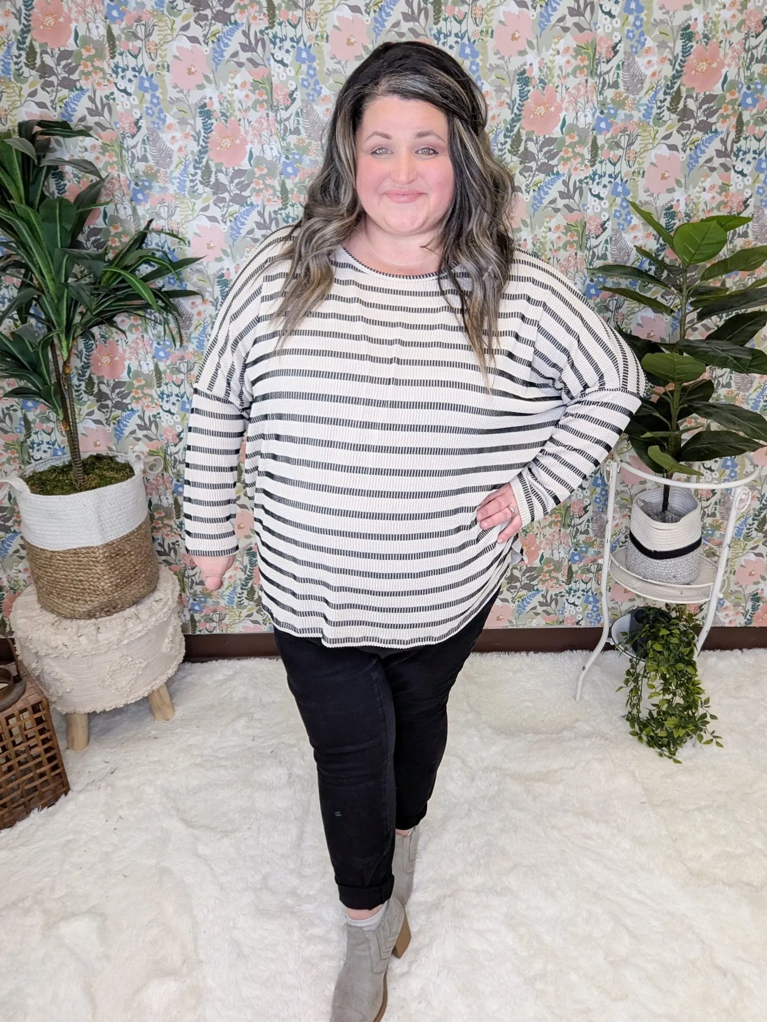 Misty Raised Rib Dolman in Neutral Stripes