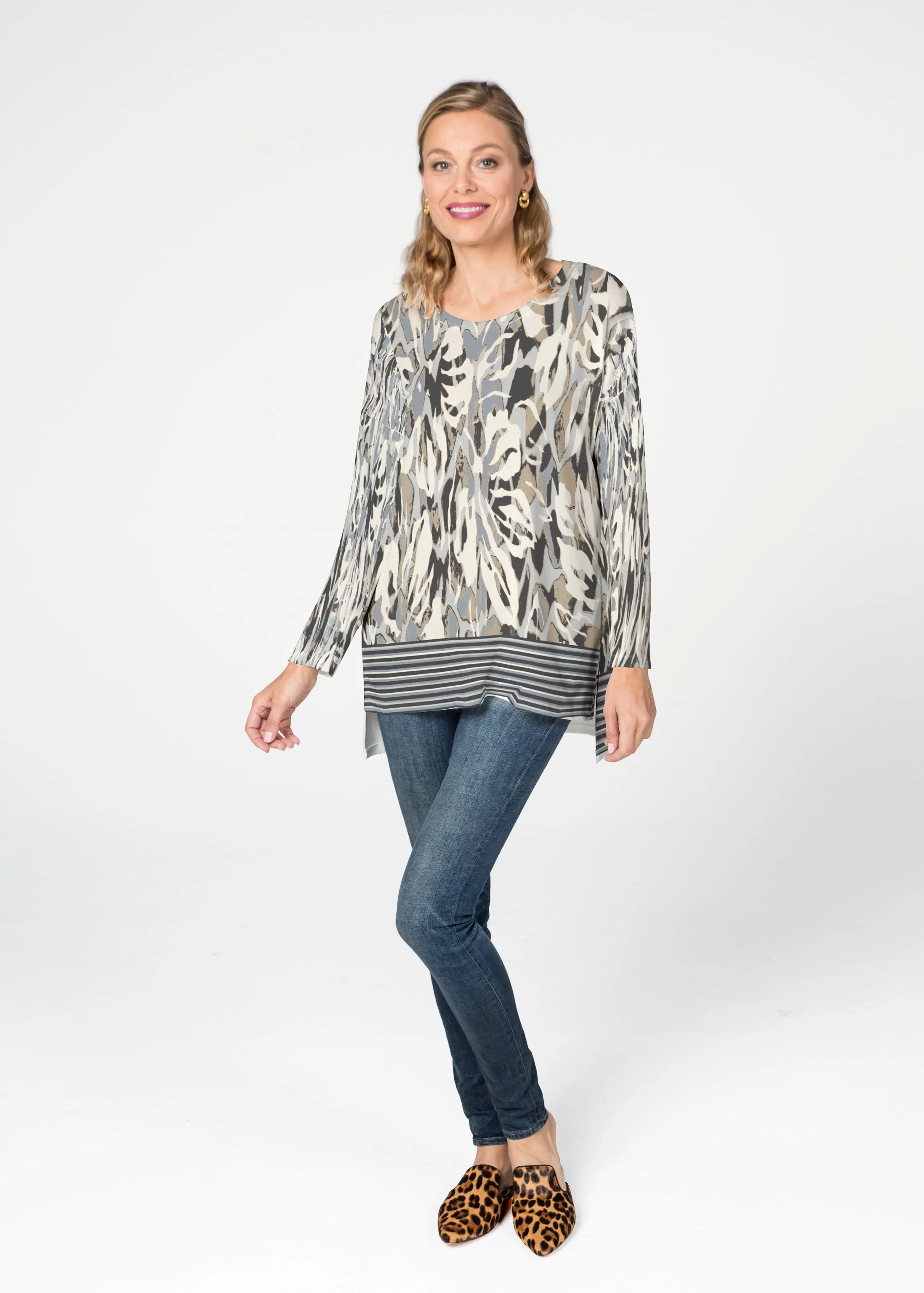 Mystic Floral Stripe Grey (19170) Slouchy Butterknit Top