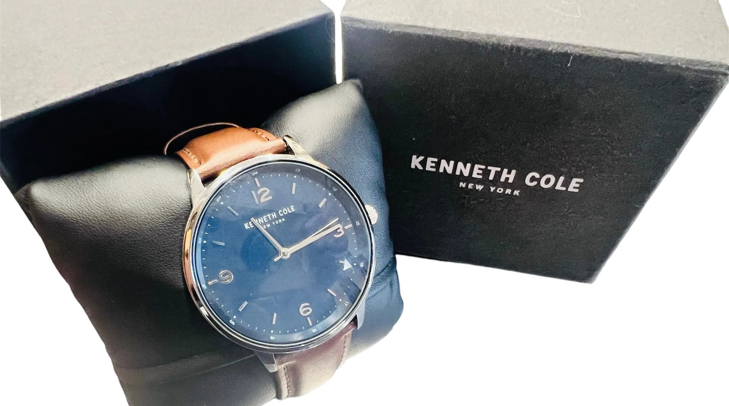 New Men's Kenneth Cole Watch, Blue Face, brown leather band! Needs Battery Retails $203 