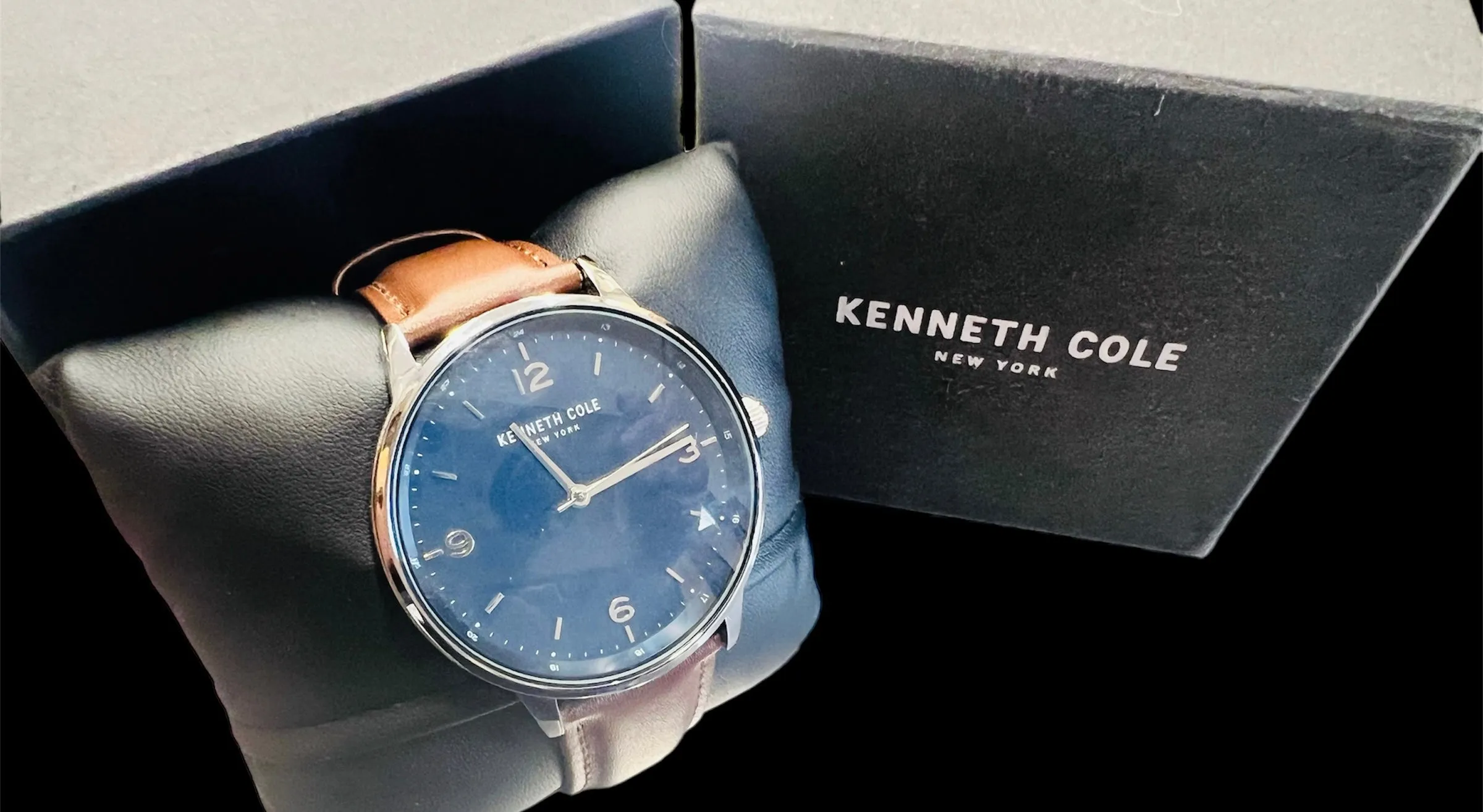 New Men's Kenneth Cole Watch, Blue Face, brown leather band! Needs Battery Retails $203 