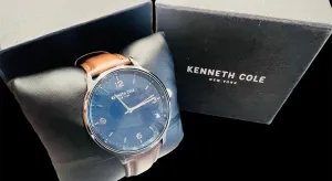New Men's Kenneth Cole Watch, Blue Face, brown leather band! Needs Battery Retails $203 