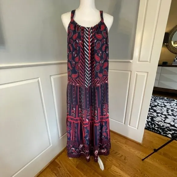 New NWT Gibson Latimer Ruffled Tiered Red White Blue Maxi Dress XXL
