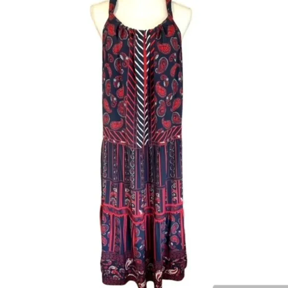New NWT Gibson Latimer Ruffled Tiered Red White Blue Maxi Dress XXL