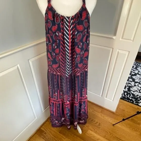 New NWT Gibson Latimer Ruffled Tiered Red White Blue Maxi Dress XXL