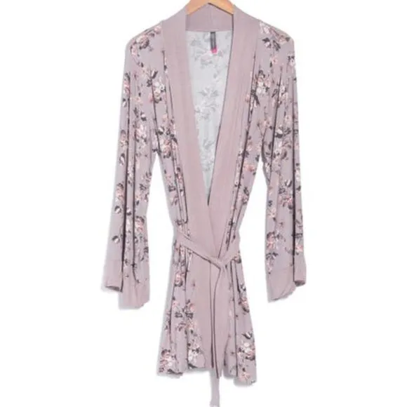NEW Vince Camuto Women Katia Mauve Bell Sleeve Floral Self Tie Short Mini Robe
