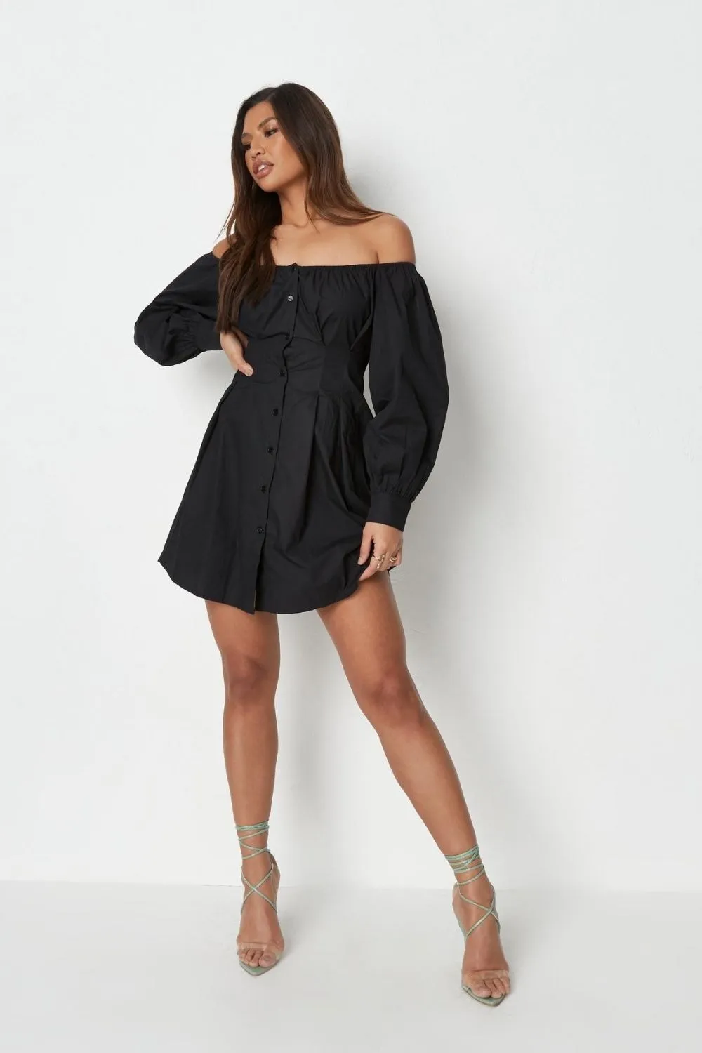 Off Shoulder Button Open Front Black Mini Dress
