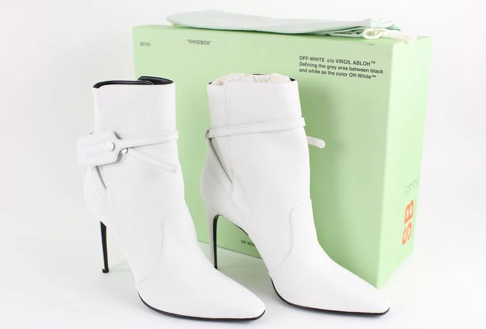 Off-White™ SZ 41 White Leather Zip Tie Pointed Toe Bootie 14off1221