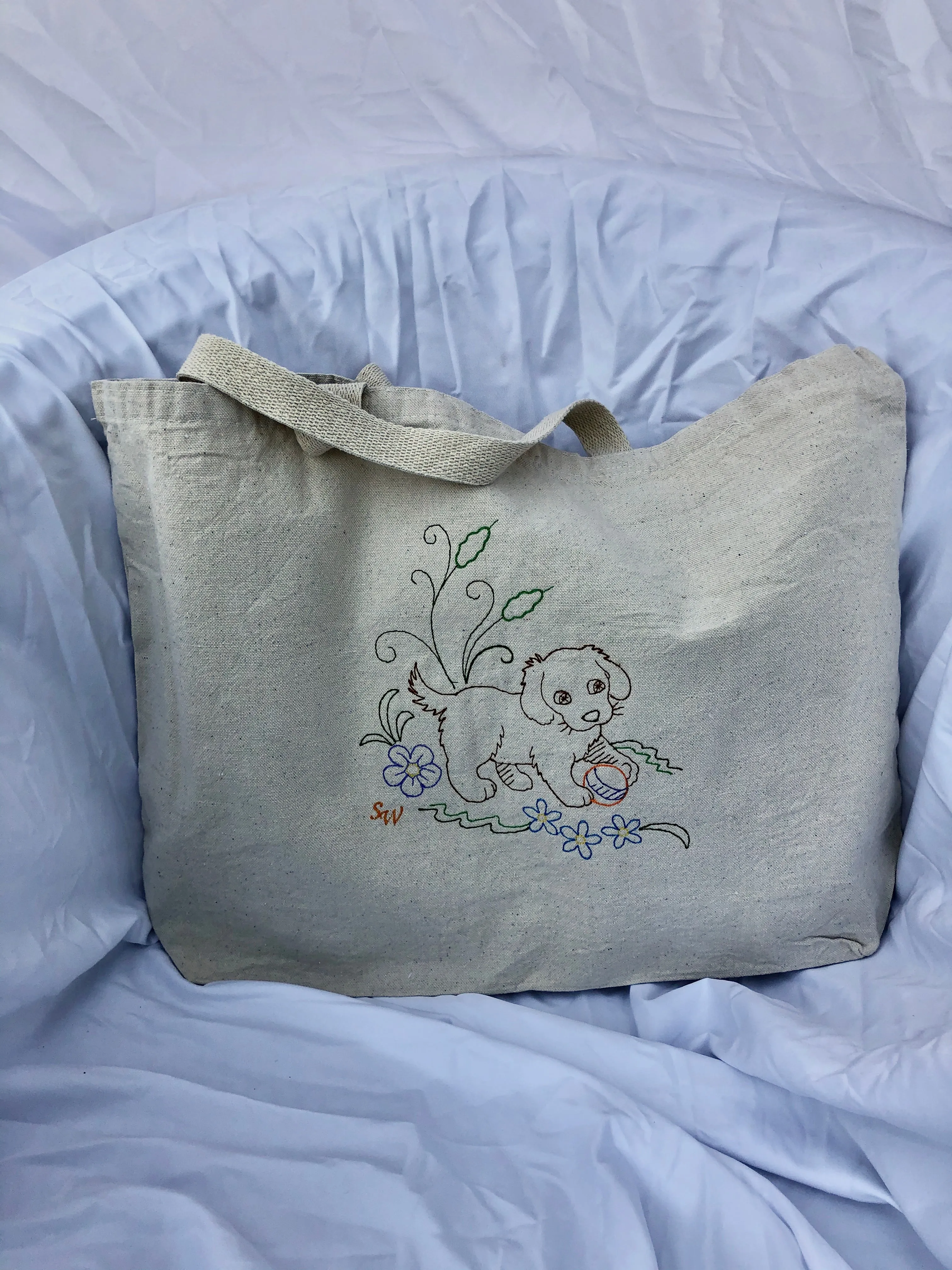 Old Fashioned Embroidered Puppy Canvas Tote Bag