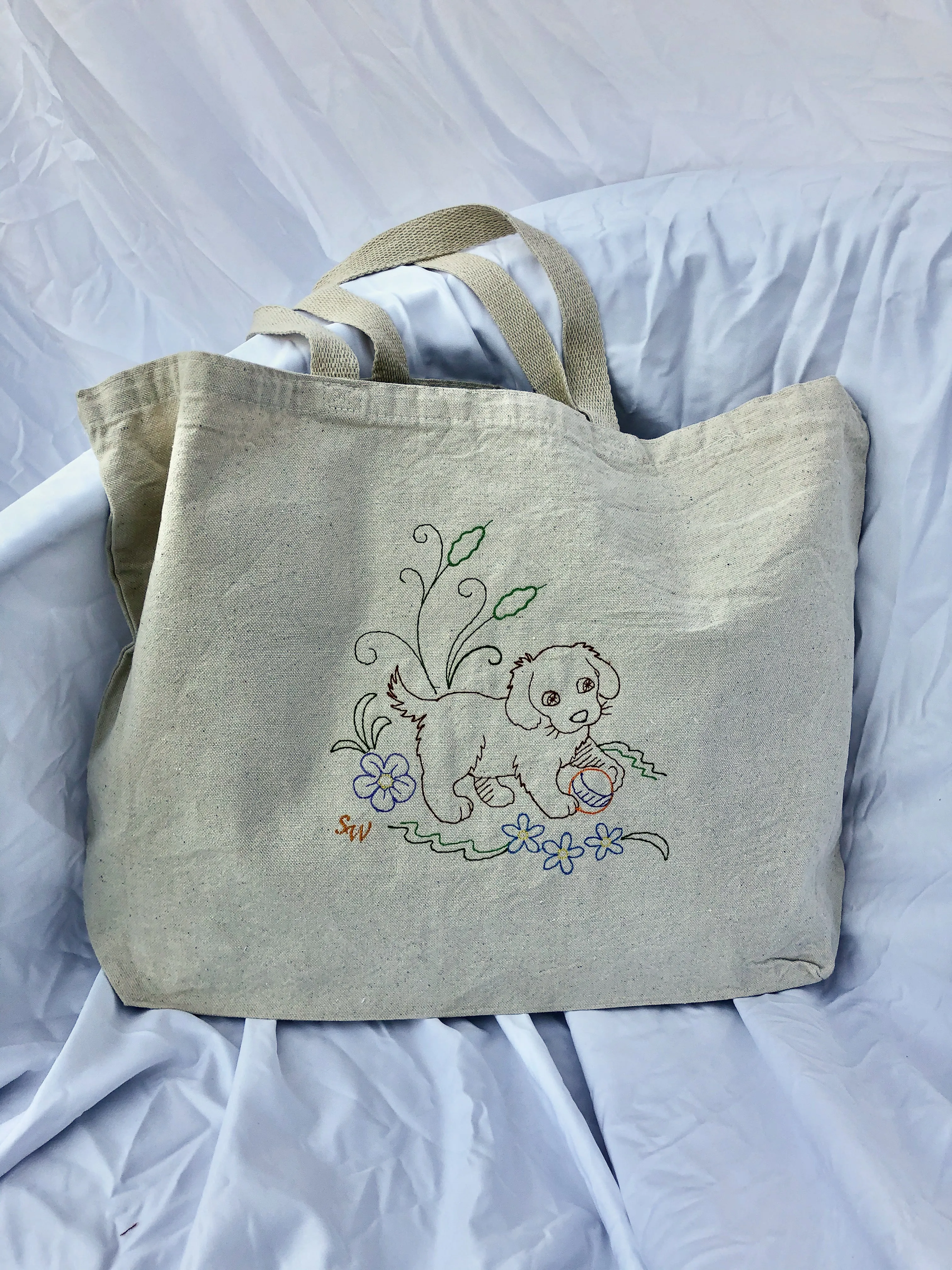 Old Fashioned Embroidered Puppy Canvas Tote Bag