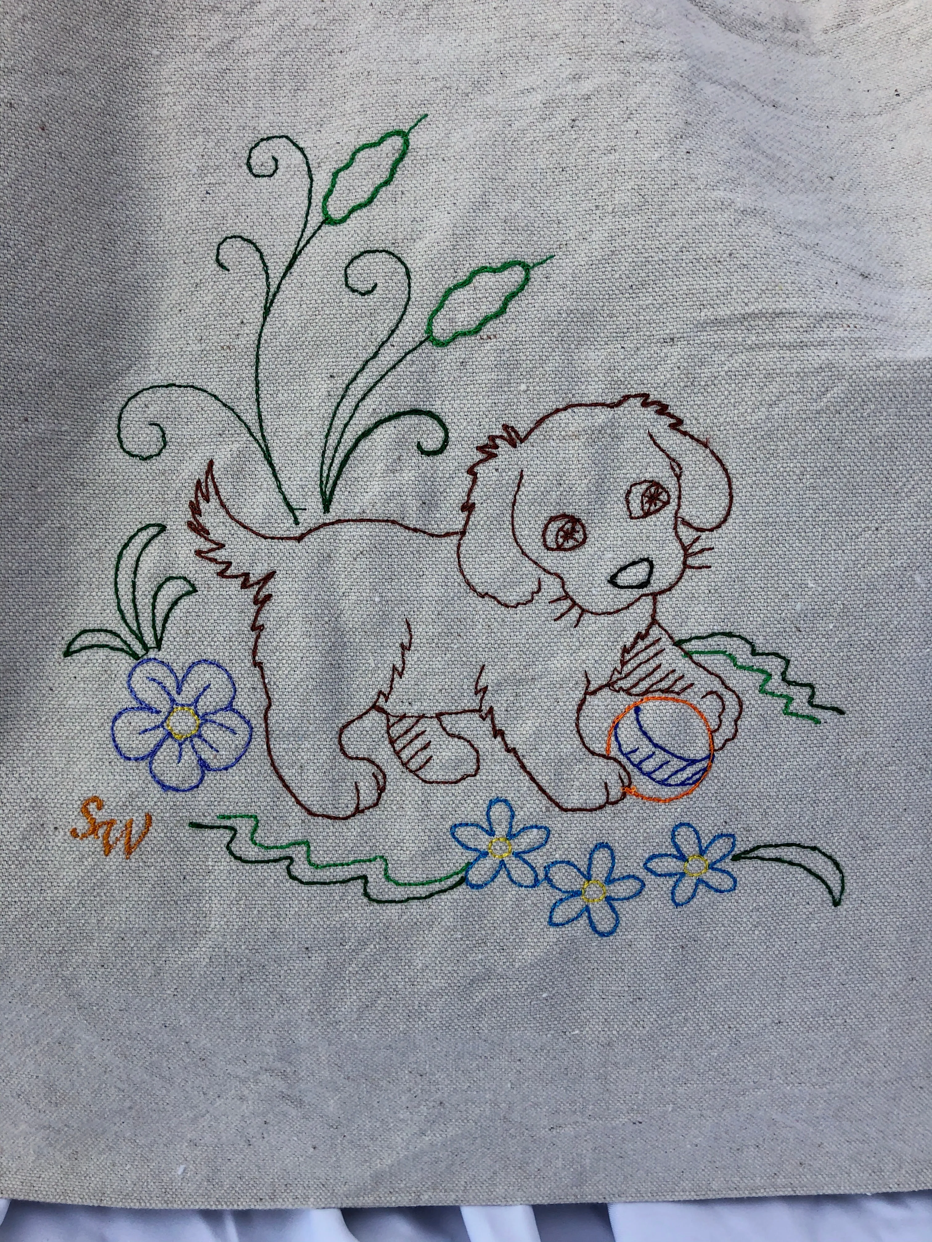Old Fashioned Embroidered Puppy Canvas Tote Bag