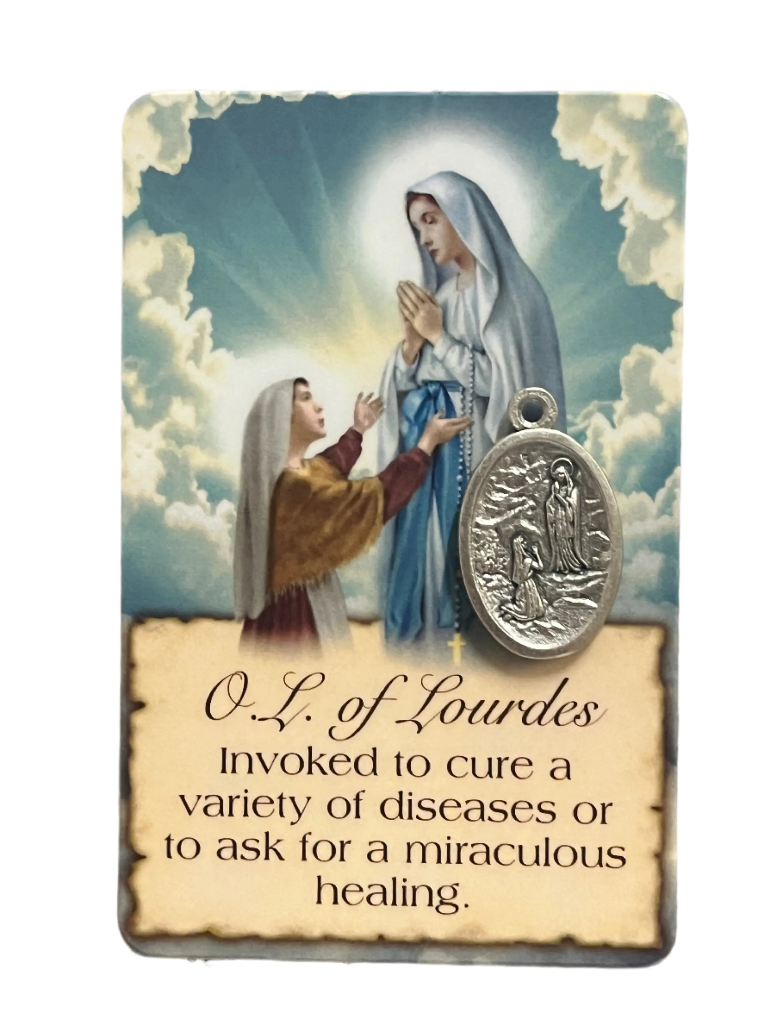 Our Lady of Lourdes Prayer Card and Medal
