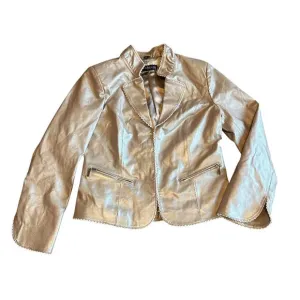 Pamela McCoy Rose Gold Genuine Leather Jacket Scalloped Trim Size Small Women's