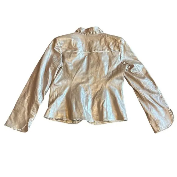 Pamela McCoy Rose Gold Genuine Leather Jacket Scalloped Trim Size Small Women's