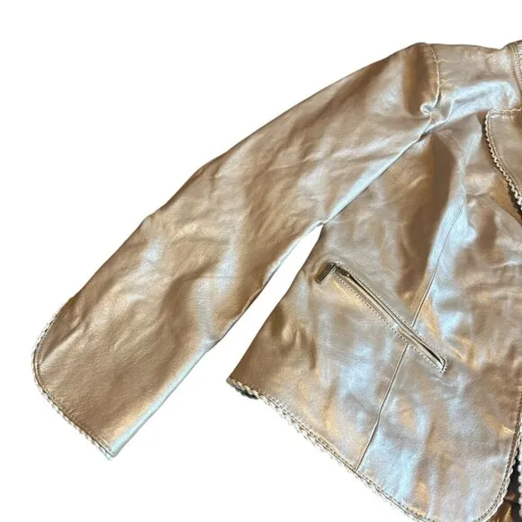 Pamela McCoy Rose Gold Genuine Leather Jacket Scalloped Trim Size Small Women's