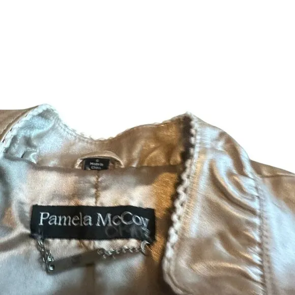 Pamela McCoy Rose Gold Genuine Leather Jacket Scalloped Trim Size Small Women's