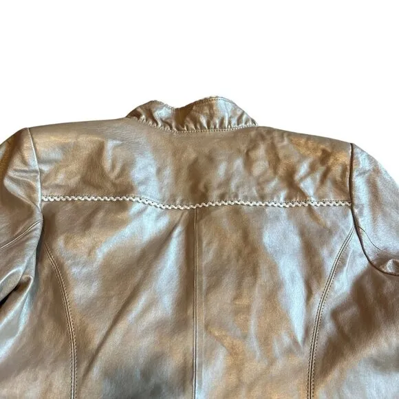 Pamela McCoy Rose Gold Genuine Leather Jacket Scalloped Trim Size Small Women's
