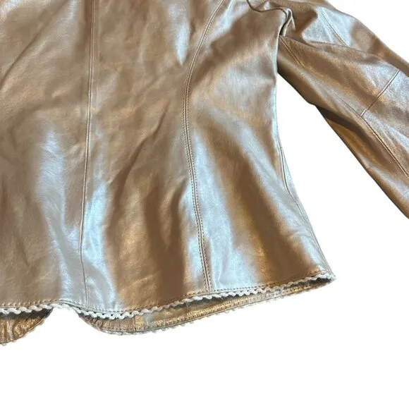 Pamela McCoy Rose Gold Genuine Leather Jacket Scalloped Trim Size Small Women's