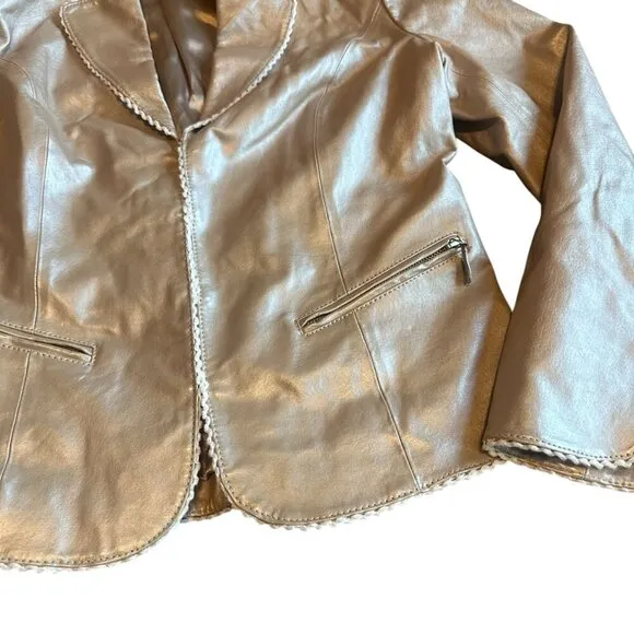 Pamela McCoy Rose Gold Genuine Leather Jacket Scalloped Trim Size Small Women's