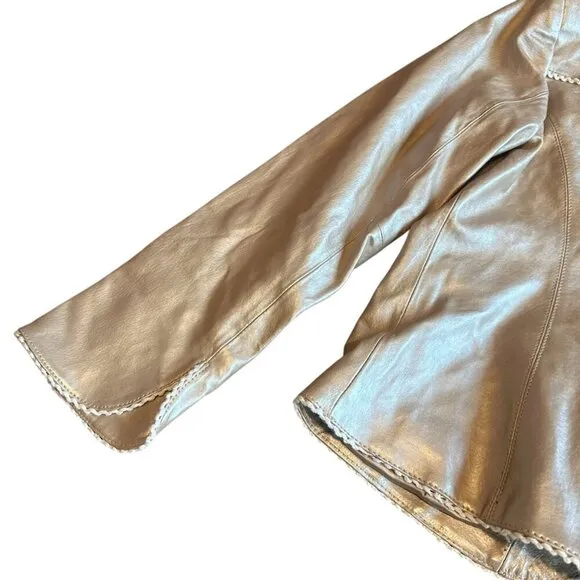 Pamela McCoy Rose Gold Genuine Leather Jacket Scalloped Trim Size Small Women's