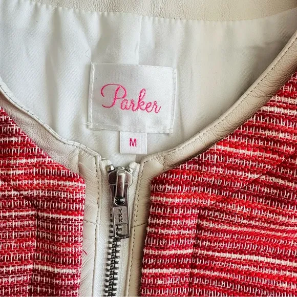 Parker Tweed Blazer Jacket Leather Trim &amp; Zippers Size M