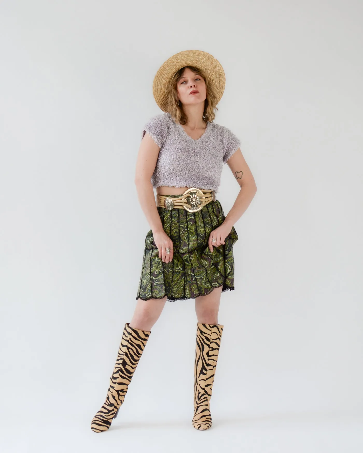 Patchwork Paisley Leather Scallop Skirt