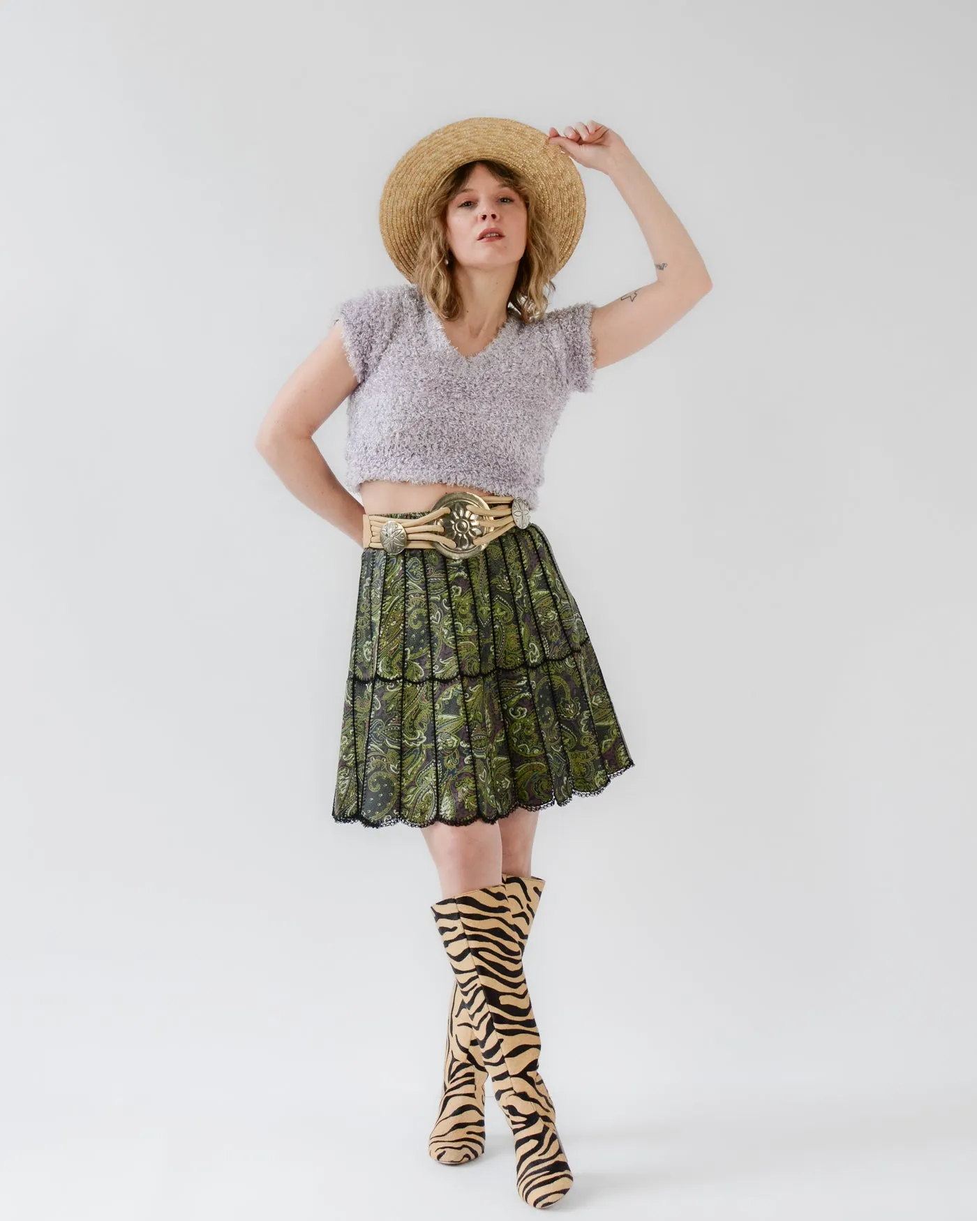 Patchwork Paisley Leather Scallop Skirt