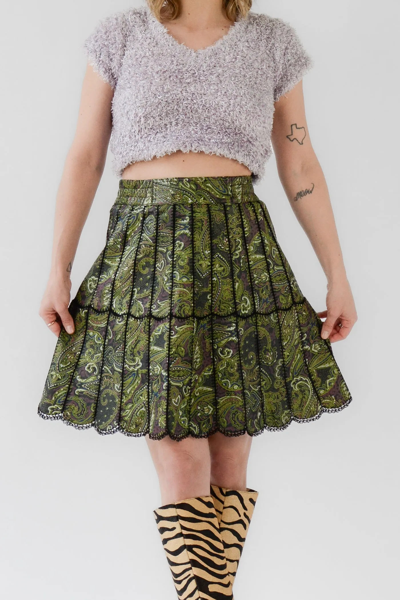 Patchwork Paisley Leather Scallop Skirt