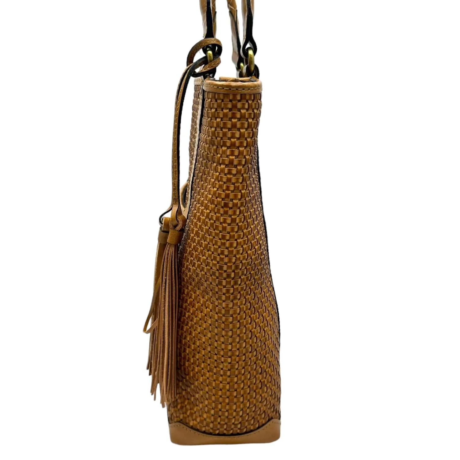 PATRICIA NASH Rena Tassel Woven Leather Tote / Shoulder Bag - Camel