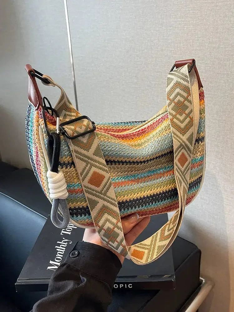 Pearl Chain Striped Shoulder Bag