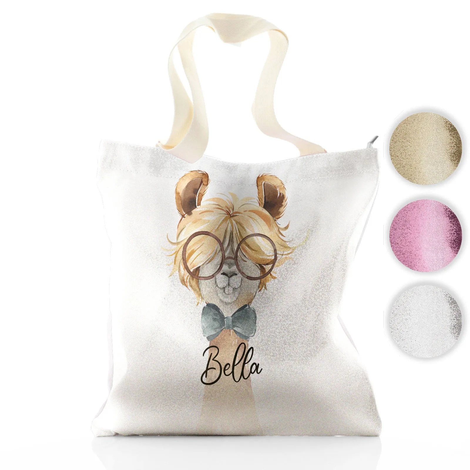 Personalised Glitter Tote Bag with Alpaca Bow Tie and Glasses and Cute Text