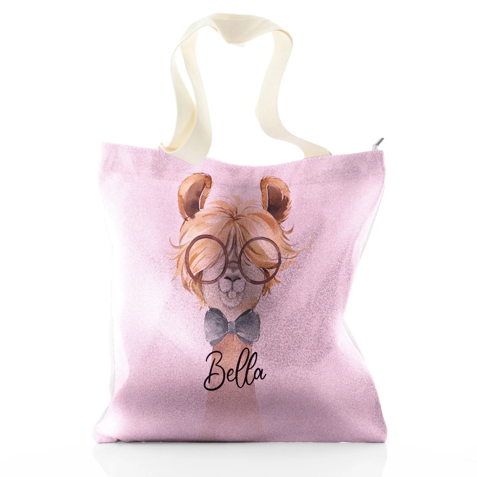 Personalised Glitter Tote Bag with Alpaca Bow Tie and Glasses and Cute Text