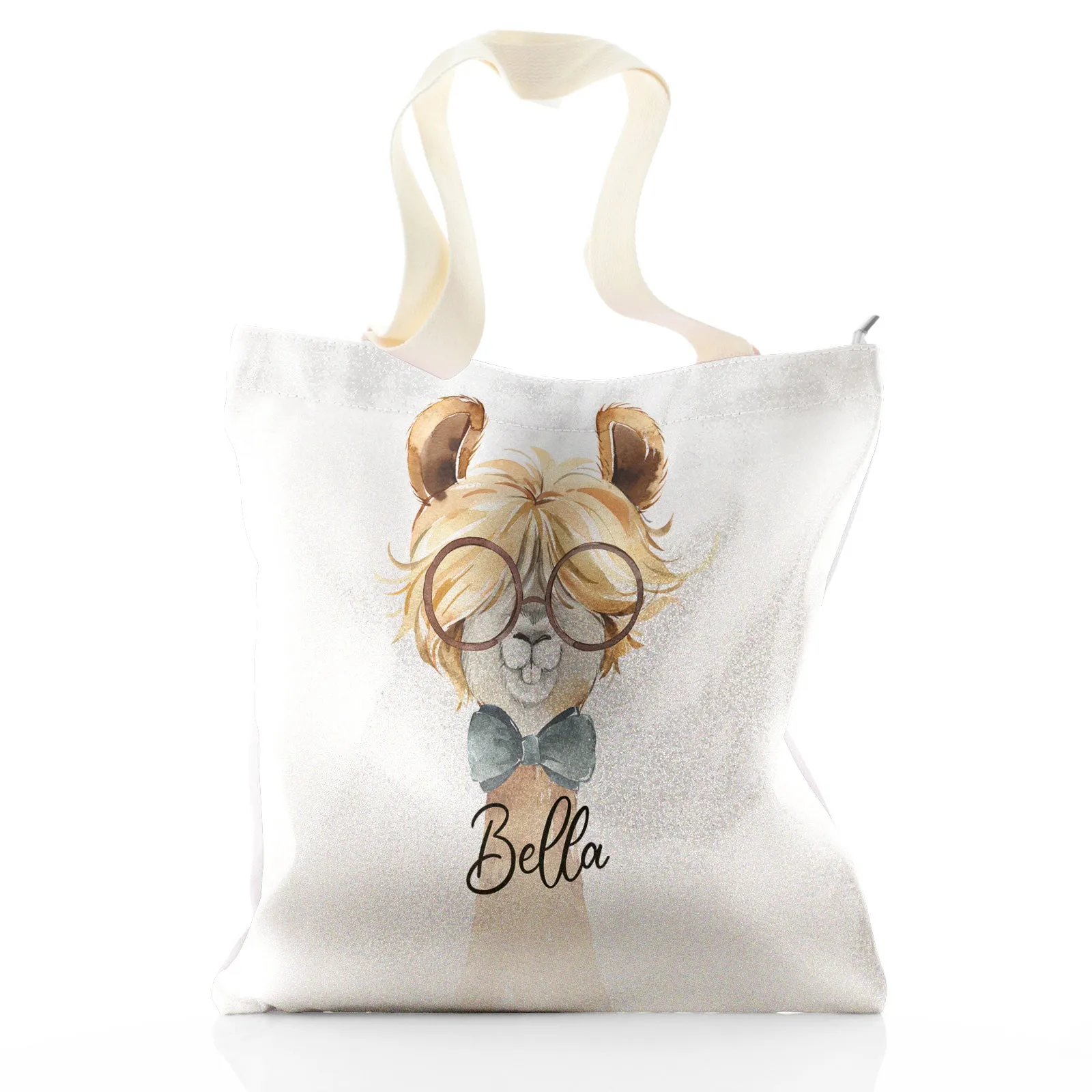 Personalised Glitter Tote Bag with Alpaca Bow Tie and Glasses and Cute Text