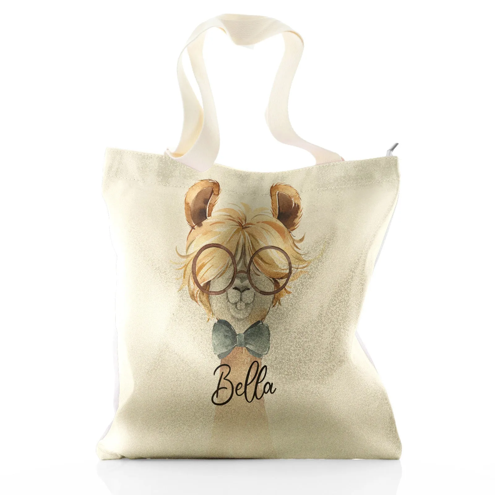 Personalised Glitter Tote Bag with Alpaca Bow Tie and Glasses and Cute Text