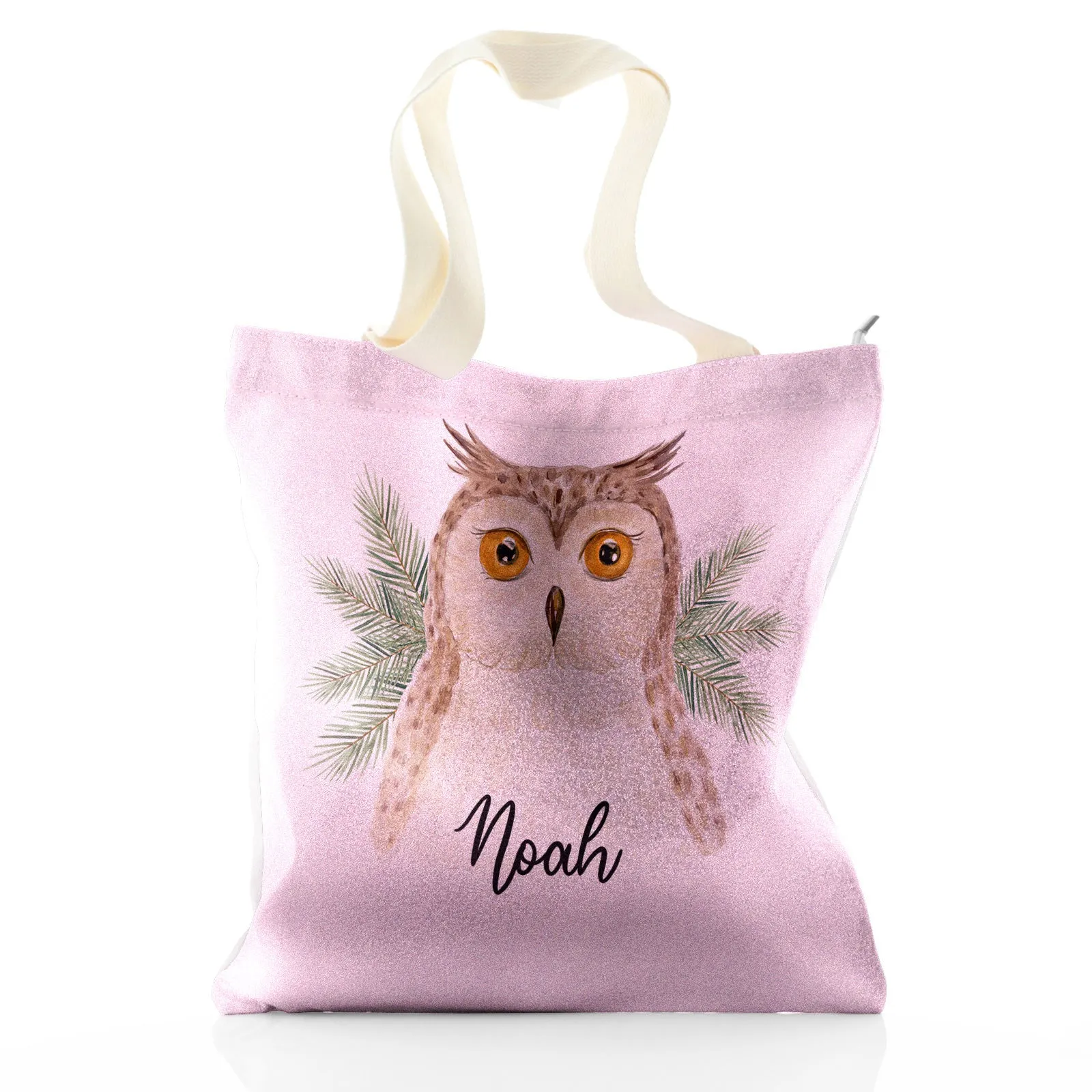 Personalised Glitter Tote Bag with Brown Owl Pine Tree and Cute Text
